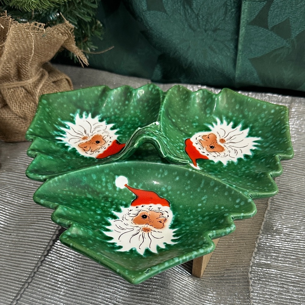 Lefton Winking Santa Tri Sectional Green Christmas Cookie Plate 3127 *Damaged